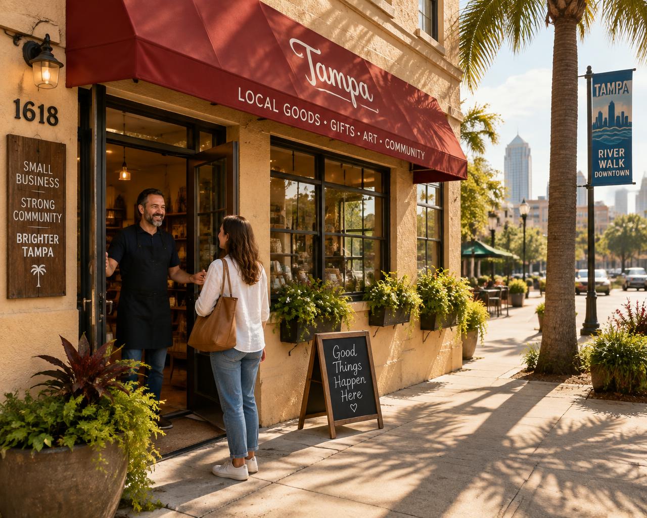 Owner welcoming a customer to a small Tampa storefront with a cranberry awning