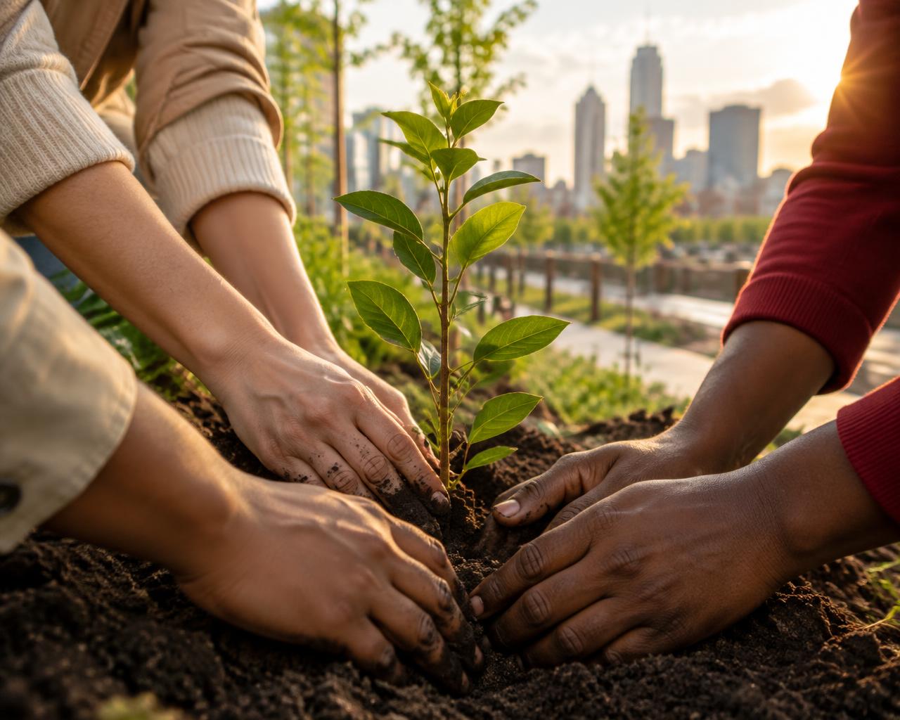 Hands of neighbors planting a young tree with the Tampa skyline behind